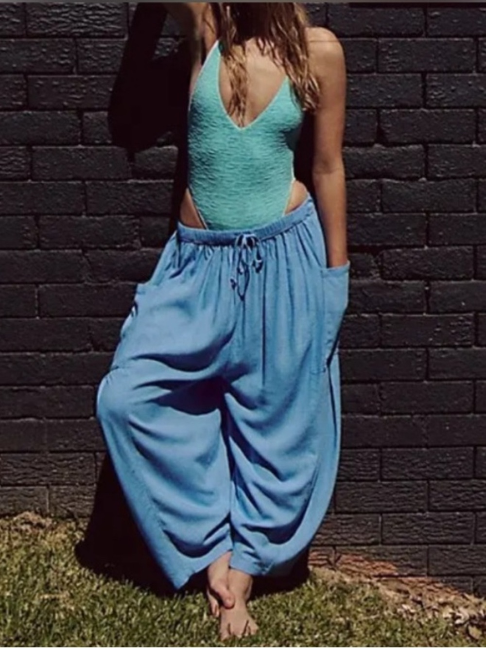 Free People Quinn Pants Blue Size Small Baggy Linen Blend